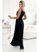 299-18 CHIARA elegantné maxi dlhé šaty bez ramienok - ČIERNE S BROKEROM