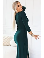 404-15 Elegantné dlhé šaty s obálkovým výstrihom a rozparkom - fľaškovo zelené