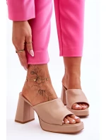 Skórzane Klapki Na Obcasie Beżowe Livesa