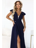Dámske elegantné maxi šaty s volánmi 660-1 tmavo modré - Numoco