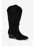 Skórzane Zamszowe Kozaki Kowbojki Damskie Ocieplane Czarne Urselle