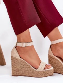 Sandały Damskie Na Koturnie Z Plecionką Beżowe Adelio