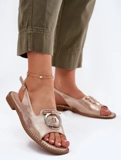 Eleganckie Sandały Z Ozdobą Na Płaskim Obcasie S.Barski KV51-003 Różowe Złoto