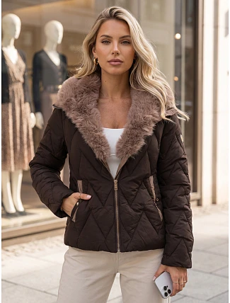 Dámska zimná prešívaná bunda s odnímateľným golierom, hnedá, FashionStreet TY6084 Dámska zimná prešívaná bunda s odnímateľným golierom, hnedá, FashionStreet TY6084