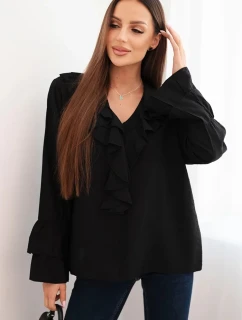 Dámska viskózna blúzka s volánmi a dlhými rukávmi čierna
