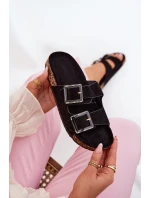 Klapki Damskie Z Klamrami Na Korkowej Podeszwie Czarne Sercele