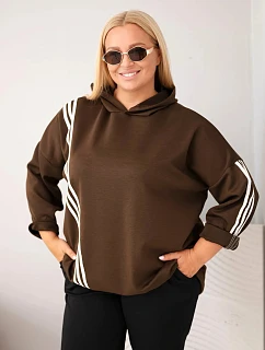 Dámska mikina z viskózy vo veľkosti plus size s kapucňou a ozdobnými pásikmi, hnedá