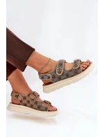 Damskie Wzorzyste Materiałowe Sandały Ze Złotymi Detalami Khaki Pefese