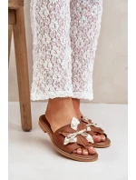 Klapki Z Ozdobą Skóra Naturalna Zazoo 3574/Z Camel