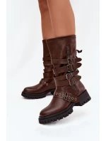 Ocieplane Kozaki Damskie Z Paskami I Klamrami Brązowe Ivaline