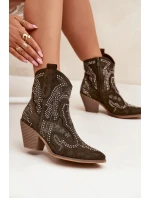 Ocieplane Damskie Botki Kowbojki Ze Zdobieniem Ciemnozielone Lelira