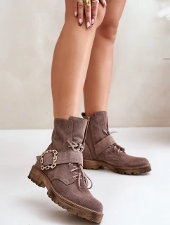 Zazoo 2951 Zamszowe Botki Z Ozdobną Klamrą Ciemnobeżowe