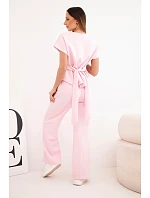 Dámska súprava z mäkkého lesklého materiálu s blúzkou s krátkym rukávom a širokými nohavicami candy pink