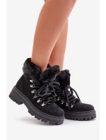 Sznurowane Trapery Damskie Z Futerkiem Czarne Vaminia