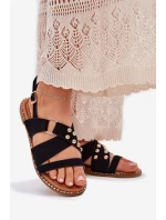 Sandały Damskie Na Płaskim Obcasie Ze Złotymi Ćwiekami Czarne Zanira