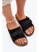 Klapki Damskie Z Rzepem Na Korkowej Platformie Czarne Baylin