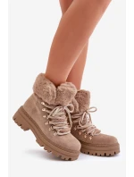 Sznurowane Trapery Damskie Z Futerkiem Ciemnobeżowe Vaminia