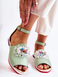 Damskie Skórzane Sandałki Z Ozdobą Zielone Nevassa