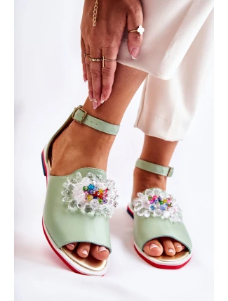 Damskie Skórzane Sandałki Z Ozdobą Zielone Nevassa