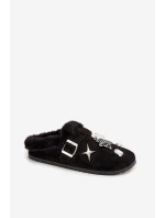 Dámské pantofle s ozdobami a sponou vyhřívané kožešinou černé Thalora