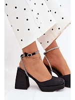 Dámské sandály na masivním podpatku ve tvaru sloupku s páskem se štrasem Černé Seraphina