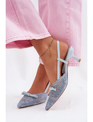 Dámské krajkové sandály na podpatku s mašlí Modré Maribelle