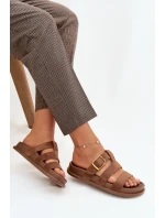 Dámské pantofle s pásky a zlatým sponou, hnědé Ulirissa