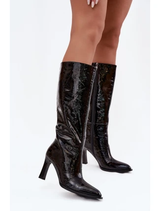 Skórzane Lakierowane Kozaki Damskie Na Obcasie Ocieplane D&A CR52-716 Czarne Skórzane Lakierowane Kozaki Damskie Na Obcasie Ocieplane D&A CR52-716 Czarne