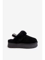 Skórzane Zamszowe Kapcie Damskie Na Platformie Z Futerkiem Czarne Sophienne