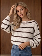 Dámsky oversize sveter s pruhmi v farbe ecru FashionStreet MY2643 Dámsky oversize sveter s pruhmi v farbe ecru FashionStreet MY2643