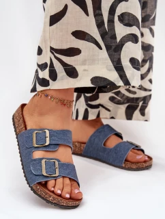 Damskie Klapki Na Korkowej Platformie Z Klamrami Ciemny Jeans Vesina