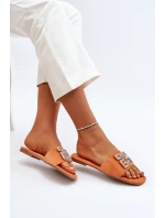 Klapki Damskie Na Płaskim Obcasie Z Ozdobą Pomarańczowe Inaile