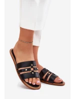 Płaskie Klapki Damskie Ze Złotym Detalem Czarne Noroti