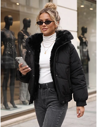 Dámska zimná prešívaná bunda s kožušinou, čierna, FashionStreet TY6007