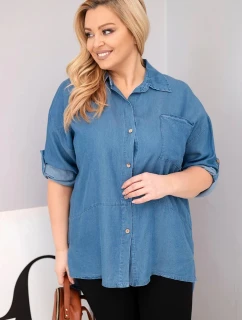 Dámske lyocelové tričko s predĺženým chrbtom a gombíkovými rukávmi Denim