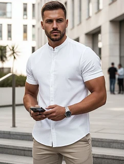 Pánska košeľa s krátkym rukávom a stojatým golierom, biela, FashionStreet KX1064