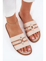 Płaskie Klapki Damskie Ze Złotym Detalem Beżowe Noroti