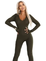 619-2 Pohodlný a elegantný dámsky rebrovaný overal s výstrihom - khaki 619-2 Pohodlný a elegantný dámsky rebrovaný overal s výstrihom - khaki