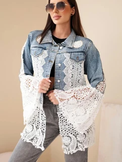 Dámska džínsová bunda z bavlny a kvetinovej čipky z tmavého denimu
