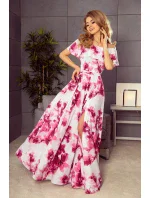 Dlhé dámske šaty s veľkými ružovými kvetmi a španielskym výstrihom model 6059216