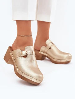 Klapki Chodaki Damskie Na Obcasie Z Klamrą Złote Veldexina