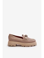 Skórzane Mokasyny Damskie Z Ozdobą Laura Messi 2780 Ciemnobeżowe