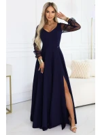 640-3 LORETTA jedinečné dlhé šaty s tylovými rukávmi a výstrihom - tmavomodré