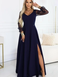 640-3 LORETTA jedinečné dlhé šaty s tylovými rukávmi a výstrihom - tmavomodré