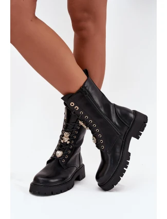 Botki Workery Damskie Z Przypinkami Ocieplane Czarne Lomina