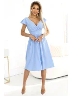 425-12 MATILDE Šaty s výstrihom a krátkymi rukávmi - MODRÉ