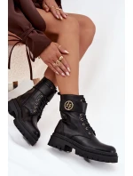 Botki Workery Damskie Ze Złotym Detalem Ocieplane Czarne Fiorena