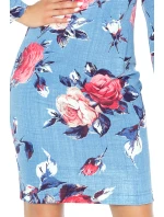 427-1 Šaty s rozšírenými viazanými rukávmi - červené veľké ruže na tmavom denime