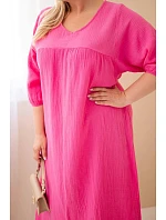 Dámske plus size šaty z bavlneného mušelínu s výstrihom do V v ružovej farbe