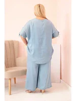 Dámska súprava v nadmernej veľkosti z materiálu Tencel, blúzka s kravatou a široké nohavice Light Denim